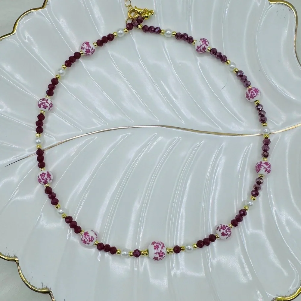 Ceramic Flower Beaded Necklace, Bohemian Style Necklace Pink